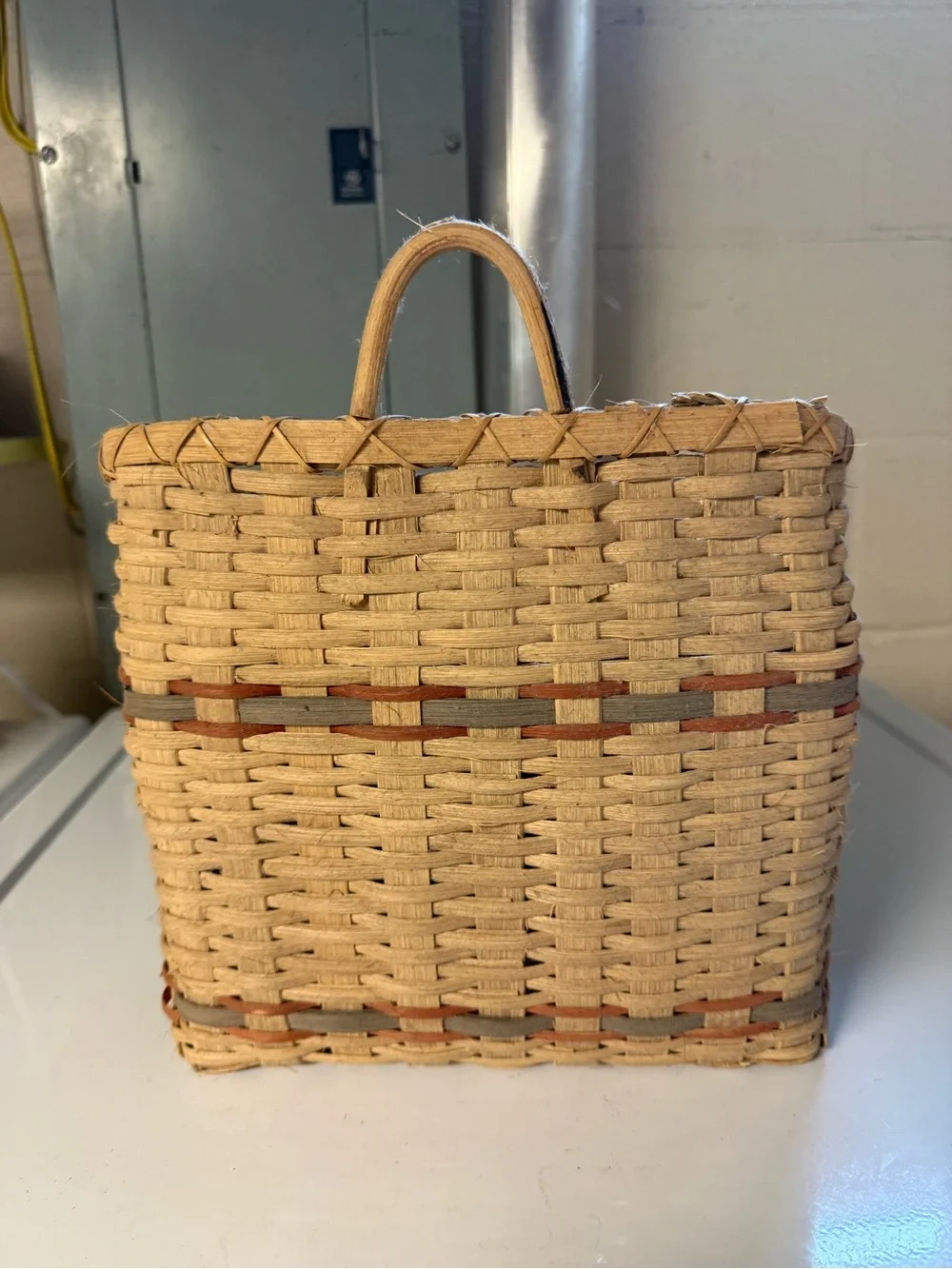 Vtg Hand Woven Basket with Rust Bow & Blue Accents Signed 1989 Rustic Country